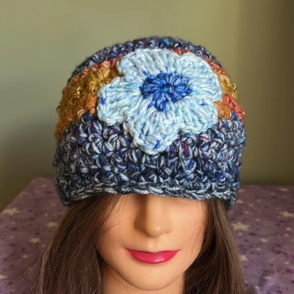 Colorful Knit Beanie with Blue Flower Accent medium soft acrylic yarn new - Picture 10 of 10